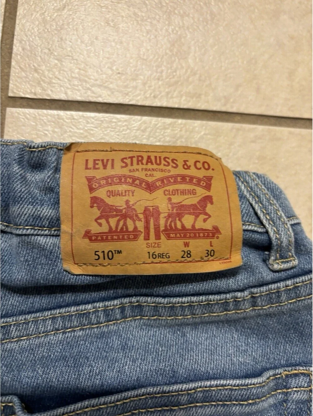 Levis 510 Skinny Jean Youth Kid Regular 16 28x30 Denim Adjustable Waist Distress